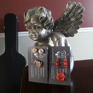 Carved red bamboo coral pin and earrings set. Pink jade stad earrings and pin .